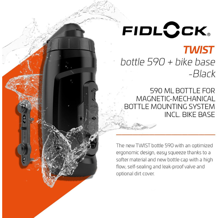 Пляшка Fidlock TWIST 590 велосипедна основа велосипедна пляшка для води об&39ємом 590 мл з магнітно-механічним тримачем, включаючи тримач, без BPA та придатна для миття в посудомийній машині, колір чорний, 590 мл