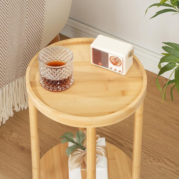 Круглий бамбуковий бічний столик HOOBRO, тумбочка з піднятим краєм, сучасний диван-столик, для невеликих приміщень, вітальні, спальні, коридору, вхідної зони, натуральний EYL156BZ01 натуральні кольори