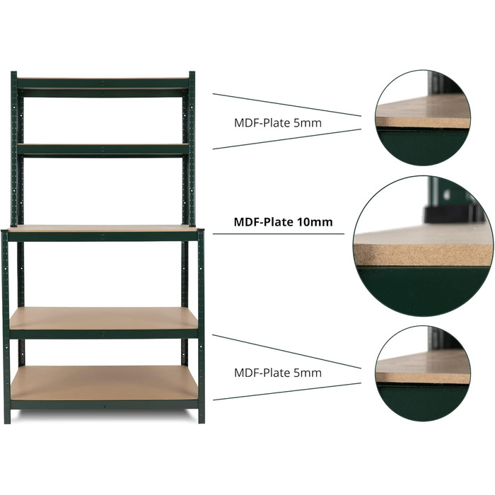 Полиця для робочого столу Stagecaptain WBR-175 SR - Міцна полиця з робочим столом - Полиця для зберігання в майстерні, підвалі, коморі - 5 полиць на 2 глибини - Надзвичайно стійка робоча поверхня висотою 97 см - Зелена