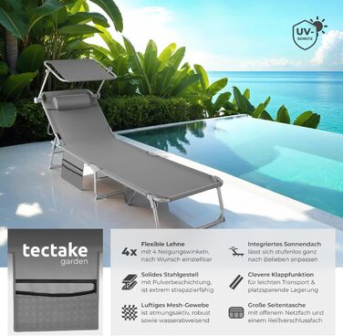 Складаний портативний шезлонг з бічною кишенею, пляжний шезлонг, садовий шезлонг з навісом, крісло-відкидний крісло з регульованою спинкою, включаючи підголівник - для балкону, тераси, кемпінгу - сірий
