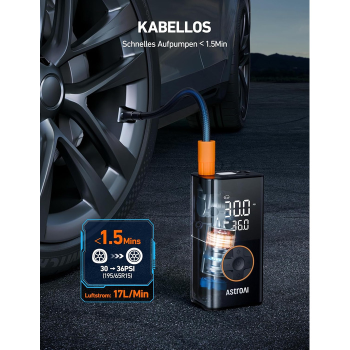Бездротовий електричний повітряний насос AstroAI, портативний акумуляторний велосипедний насос з усіма клапанами, світлодіодне світло, акумуляторний насос для шин для велосипедів, електровелосипедів, автомобілів, мотоциклів, м&39ячів, чорний