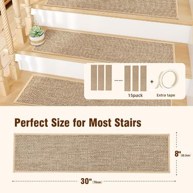 Льняні сходинки Deerly, нековзні, для дерев&39яних сходинок, що знімаються та наклеюються, для внутрішніх сходів, із самоклеючою основою, 20,3 x 76,2 см, бежевий колір, 15 шт. 8&39 x 30&39 бежевий 15