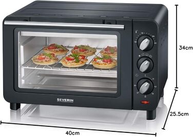 Піч для випічки та підсмажування SEVERIN, міні-духовка з решіткою для гриля, деком для випікання та піддоном для крихт, універсальна конвекційна піч ємністю 14 л, 1 200 Вт, чорно-срібляста, TO 2064 одинарна