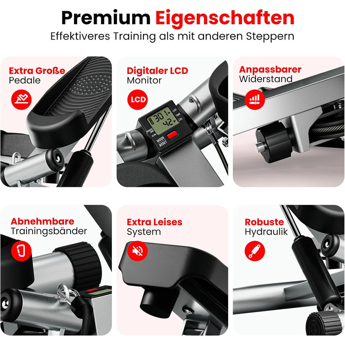 Степер Ultrasport Swing для домашнього використання, міні-степер 2-в-1 з підйомом/внизом, силовими тросами та РК-дисплеєм, тихий, нековзний, регульований рівень, фітнес-степер з тренувальним комп&39ютером еспандер