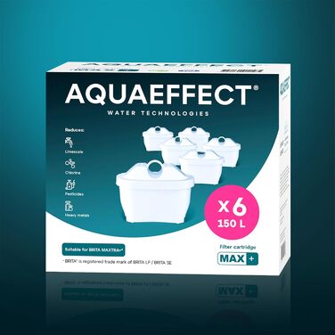 Картридж для фільтра для води AQUAEFFECT MAX 6 шт. I Сумісний із глечиком для фільтра для води BRITA MAXTRA I Картридж для фільтра для води проти хлору та вапняного нальоту I Кращий смак I 150 л або продуктивність фільтра 30 днів