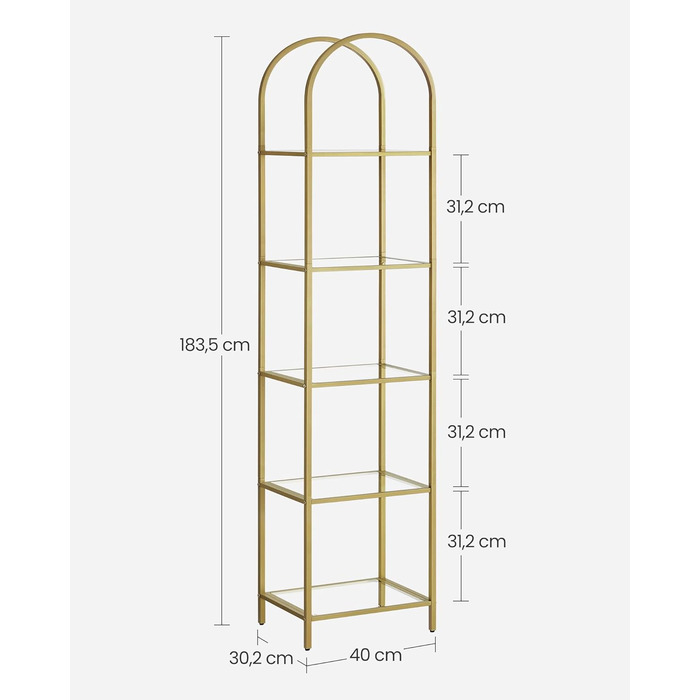 Полиця VASAGLE, 5-ярусна книжкова полиця, окремостояча полиця із загартованого скла, арочна полиця для зберігання, металевий каркас, для вітальні, спальні, кабінету, ванної кімнати, металеве золото-прозоре LGT501A01 30,2 x 40 x 183,5 см металеве золото пр