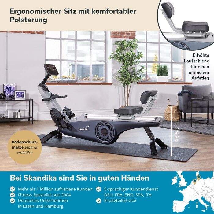 Домашній гребний тренажер Skandika Freki, 24 рівні опору, 19 програм тренувань, маховик 12 кг, магнітний опір, студійна якість, РК-дисплей, Kinomap, окремостоячий, низьке обслуговування, до 135 кг, синій/сірий плюс