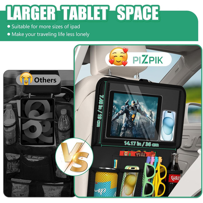 Органайзер на заднє сидіння автомобіля Plzpik з тримачем для планшета, 11 кишень для зберігання зі складним лотком для їжі, захисн