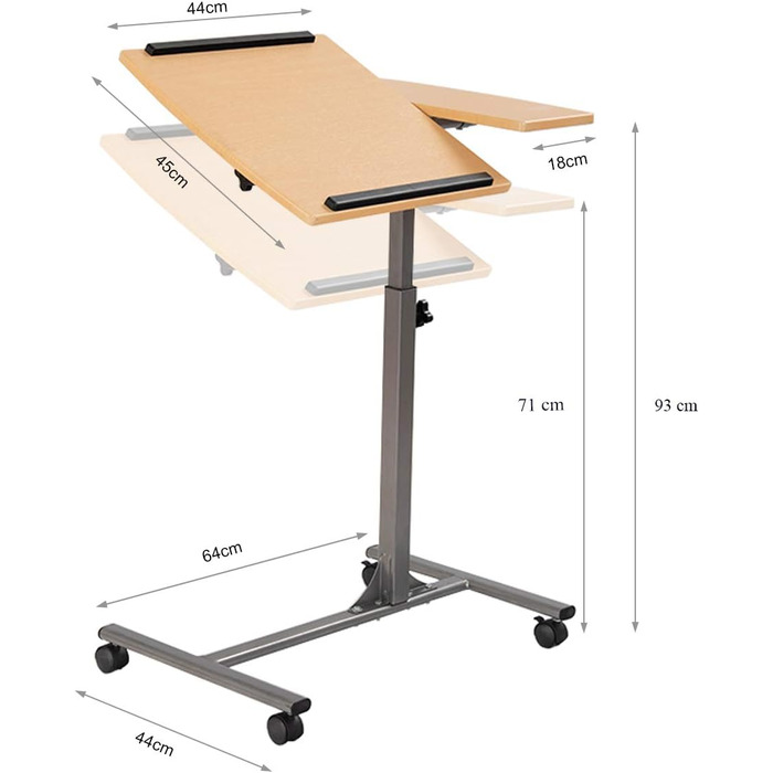 Приліжковий столик GIANTEX з колесами, регульований по висоті та нахилу стіл для догляду, стіл для ноутбука на колесах/столик для ноутбуків з 2 упорами, приліжковий столик для ліжок для догляду, з підставкою для миші, 64 x 45 x 71-93 см (натуральний)