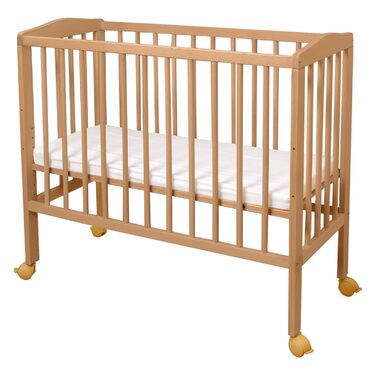 Приліжкове ліжечко Waldin з матрацом, регульована по висоті, натуральна необроблена деревина, велика поверхня для лежання 90x55 см (90Д x 60Ш x 80В см), натуральна необроблена деревина