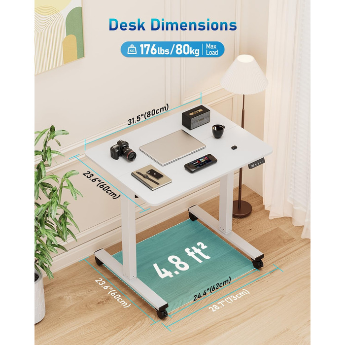 Стіл з регульованою висотою, 80x60 см, високоякісна стільниця, електричне регулювання висоти столу, комп&39ютерний стіл з функцією пам&39яті, білий