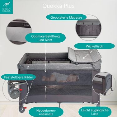 Дитяче ліжечко Urban Kanga QK Plus з регульованою висотою та пеленальний килимок, вкладиш для новонароджених, 60x120 см (сірий меланж)