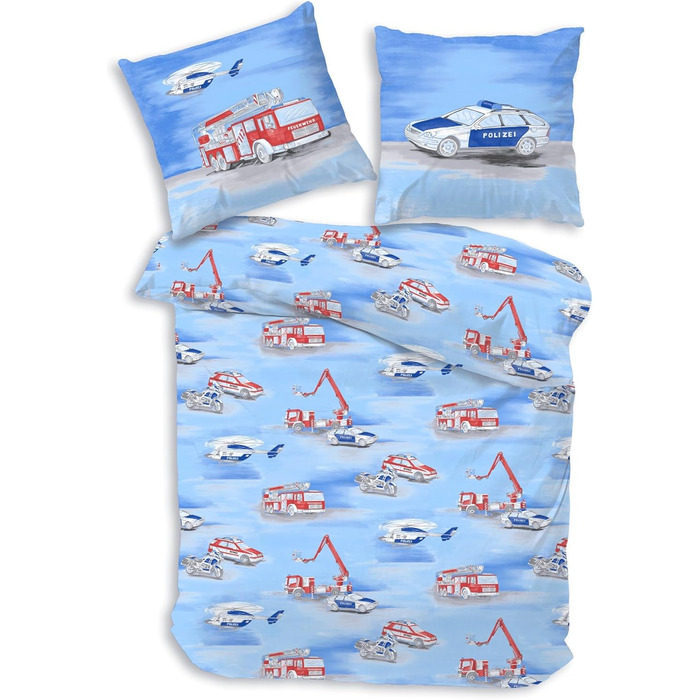 Дитяча постільна білизна Дитяча постільна білизна Пожежні та поліцейські машини - Наволочка 80x80 Підковдра 135x200 см - 100 бавовна (Renforc) Двостороння постільна білизна для хлопчиків та дівчаток