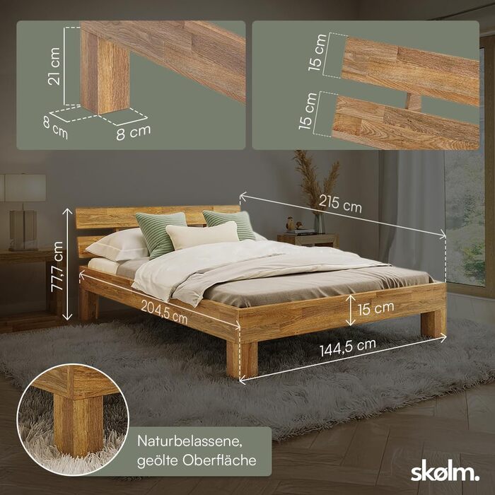 Ліжко Skølm Floki з масиву дуба 140x200 см - високоякісний каркас ліжка - каркас ліжка з узголів&39ям - ліжко з натуральної промасленої деревини - 140x200 см ліжко, що підходить як двоспальне ліжко - футон 140 x 200 см з узголів&39ям - дуб