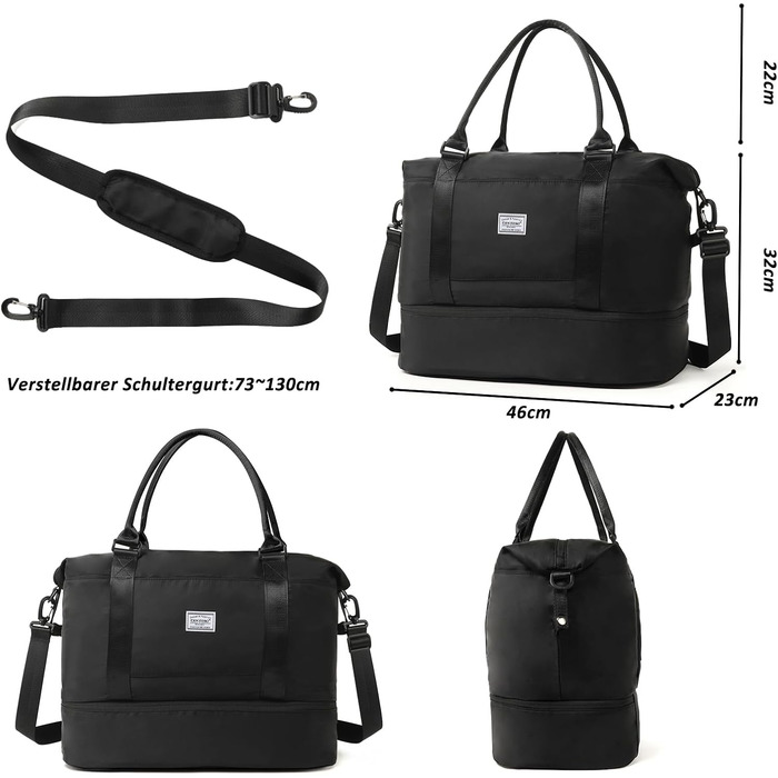 Дорожня сумка TANTOMI Ручна поклажа, Жіноча спортивна сумка, 46x23x32 см, Сумка для ручної поклажі, Сумка на вихідні, Водонепроникна дорожня сумка, Сумка для тренувань, Сумка для лікарні, Сумка для народження, Підходить для відпочинку, Кемпінгу, Чорна 1-2