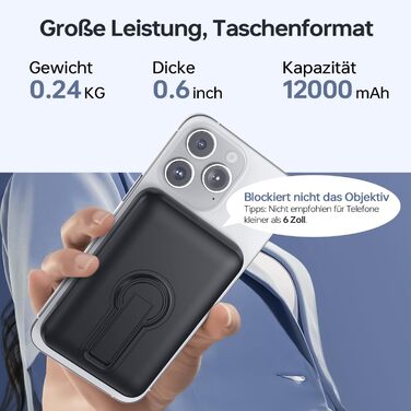 Зовнішній зарядний пристрій MagSafe Power Bank, магнітний 12000 мАг, вихід PD 22,5 Вт USB-A, бездротовий портативний зарядний пристрій із входом та виходом Type-C, світлодіодний індикатор для iPhone 17/16/15/14/13/12/Pro/Pro Max серії, чорний