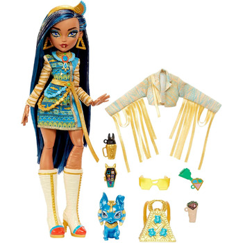 Лялька Monster High Cleo de Nile, Модна лялька-мумія, Королівський костюм, Чоботи-вбивці, Рюкзак-піраміда, Аксесуари, для дітей віком від 4 років, HHK54