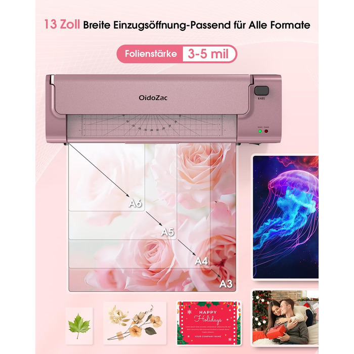 Дюймовий ламінатор A3/A4 з 20 пакетами для ламінування, гарячий та холодний ламінатор, ABS-пластик із захистом від застрягання, 10-в-1 ламінатор з різаком, тримером та закруглювачем кутів для офісу, школи та дому (шовково-червоно-сріблястий), 13-