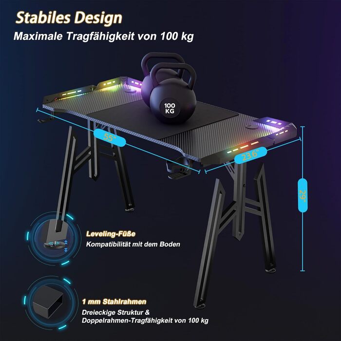 Ігровий стіл Ергономічний ігровий стіл зі світлодіодним підсвічуванням Чорний ігровий ПК стіл з вуглецевого волокна з підсклянником та гачком для навушників 140 x 60 x 73 см M ніжки 140 x 60 x 73 см M ніжки - зі світлодіодним підсвічуванням