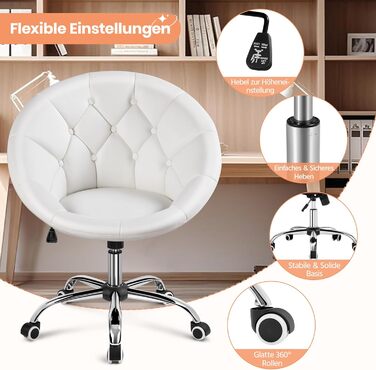 Крісло Yaheetech, Туалетне крісло, Крісло для домашнього офісу, Офісне крісло, Офісне крісло з регульованою висотою та м&39яким сидінням, Кругле поворотне крісло з колесами, Робоче крісло зі штучної шкіри, Біле