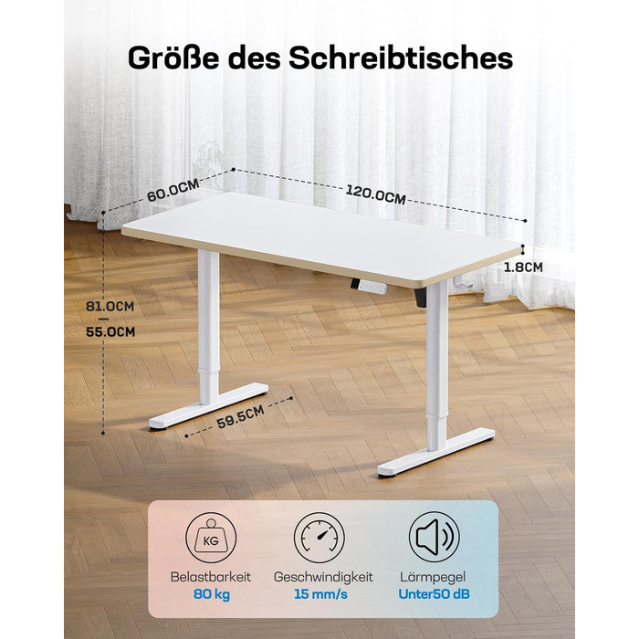 Дитячий електричний стіл HUANUO, регульований по висоті, 120 x 60 см, стіл з регульованою висотою, вся стільниця з 3 попередньо встановленими рівнями висоти, білий, 120 x 60 см