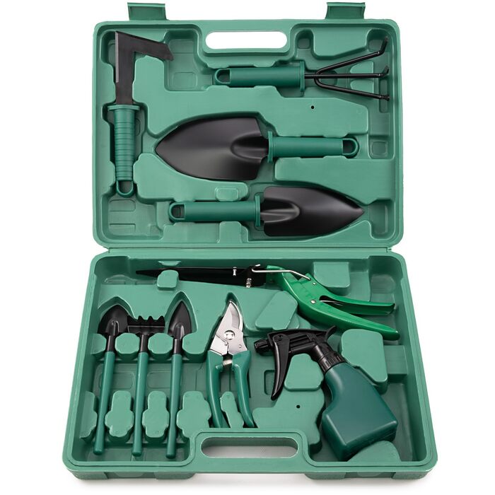 Набір садових інструментів з нержавіючої сталі, 10 предметів. Комплект для догляду за садом, набір для роботи в саду з кейсом, набір для розсади, ручні садові інструменти, ідеальний подарунок для садівників та садівниць.