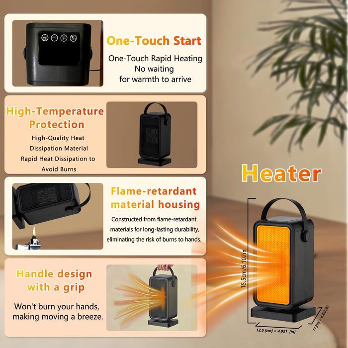 Енергозберігаючий електричний вентилятор-обігрівач, 600 Вт, керамічний нагрівач PTC із захистом від перегріву та перекидання, 2 налаштування термостата, 12-годинний таймер, для офісу, дому, гуртожитку, ванної кімнати