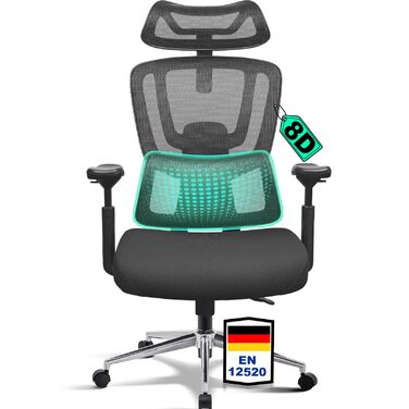 Ергономічне офісне крісло з 8D-регульованою поперековою опорою Переможець ергономічного тесту Підлокітники 4DMagic Офісне крісло з опорою 200 кг Офісне крісло з 3-етапним механізмом блокування та сертифікованою EN12520 спинкою з пінопластовою м&39якою під