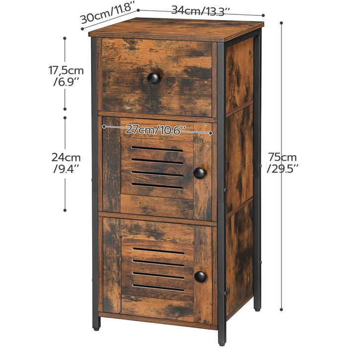 Сервант HOOBRO з шухлядою, комод у вінтажному стилі, регульована полиця, невелика телефонна шафка, для вітальні, спальні, (30 x 34 x 75 см) темно-коричневий та чорний EBF15CW01G1