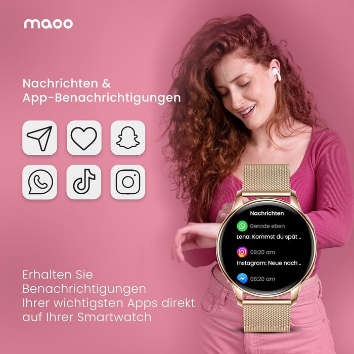 Розумний годинник maoo Ventura для жінок із функцією дзвінків, 1,32-дюймовий AMOLED-дисплей, монітор серцевого ритму, SpO, монітор артеріального тиску, понад 100 спортивних режимів, водонепроникність IP67, 5 ремінців рожевого золота