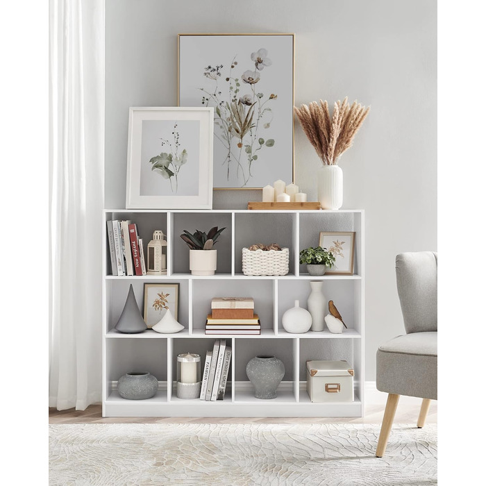 Книжкова полиця VASAGLE, полиця, кубічна полиця, окремостояча полиця, 11 відкритих відділень, можна використовувати горизонтально, вертикально або догори дном, 30 x 126 x 100 см, для вітальні, кабінету, офісу, біла LBC054T14 11 кубічна біла