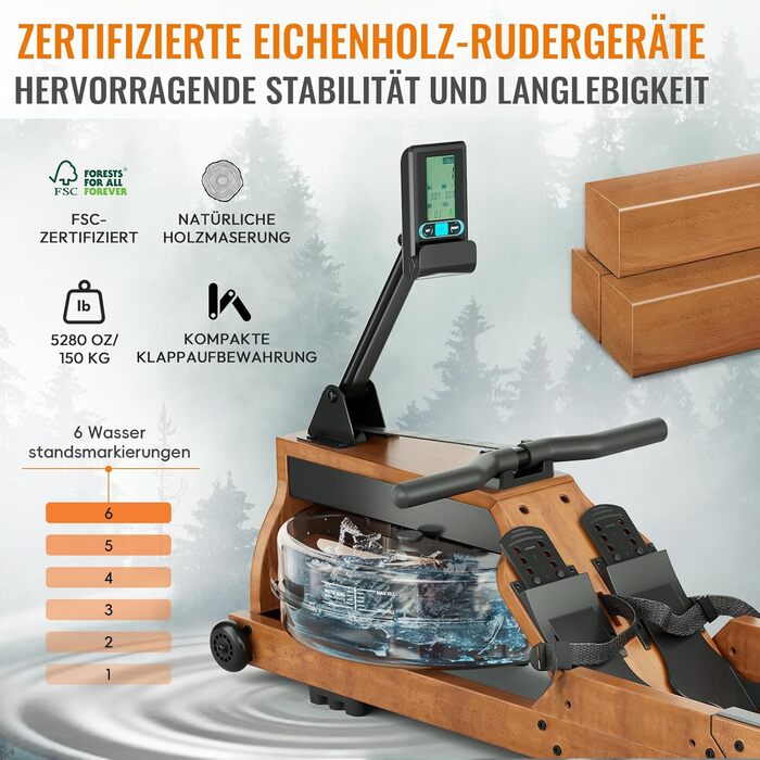 Водний гребний тренажер для домашнього використання, високоякісний складний водний гребний тренажер з масиву дерева, з професійним Bluetooth-монітором та тримачем для планшета, максимальне навантаження 150 кг R623-51-NEW