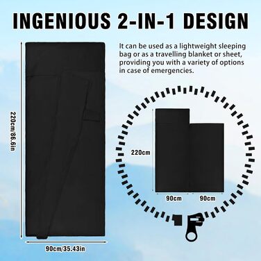 Бавовняна підкладка для спального мішка, надлегкий дорожній спальний мішок, дорожній спальний мішок із двосторонньою блискавкою, підкладка для спального мішка з мікрофібри з кишенею для подушки для кемпінгу та походів, чорний