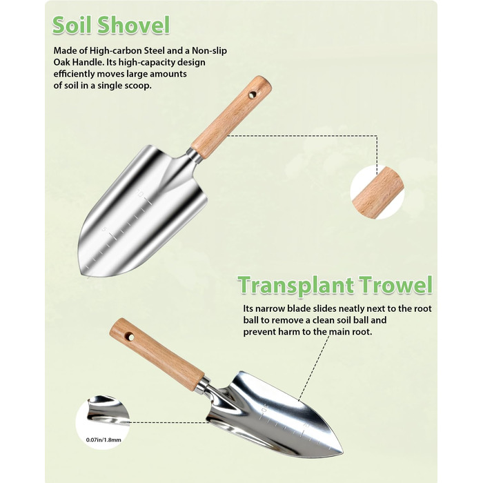 Набір садових інструментів MOSFiATA Gartenwerkzeug 12 предметів, міцна нержавіюча сталь, дерев'яні ручки з антиковзким покриттям та водонепроникна сумка для транспортування