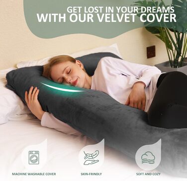 Подібна подушка для вагітних Chilling Home, подушка для сну на боці з чохлом, велика подушка для годування, підтримуюча подушка для жінок та тих, хто спить на боці (світло-чорна, оксамитова)