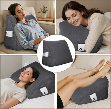 Трикутна клиноподібна подушка - Зручна лляна спинна подушка для читання або сидіння, універсальна опорна подушка для дивана, ліжка та відпочинку (Ma Grey, 45x20x35 см) Ma Grey 45x20x35 см