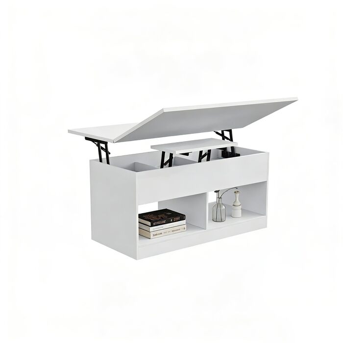 Журнальний столик, стіл для вітальні з регульованою висотою, журнальний столик з підйомною верхньою частиною, 2 відкритих відділення та приховане місце для зберігання, прямокутний бічний столик-диван, можна перетворити на обідній стіл, білий метал