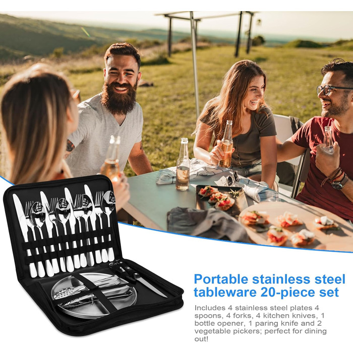 Набір столових приборів з нержавіючої сталі для кемпінгу на 4 особи, набір посуду для пікніка з 20 предметів з ложкою, виделкою, ножем, тарілкою, затискачем та відкривачкою для пляшок - Портативний набір столових приборів для кемпінгу та пікніків (Срібний