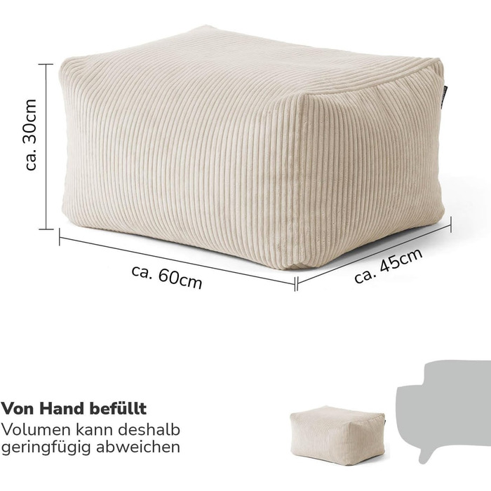 Пуф або табурет мокебо з вельветовим чохлом The Calm One, табурет або пуф для сидіння з наповнювачем з EPS-бісеру, також як пуф для ніг з вельвету або журнальний столик для вітальні розміром 65x55x35 см (Ш/Г/В) бежевого кольору, квадратний, вельветова тка