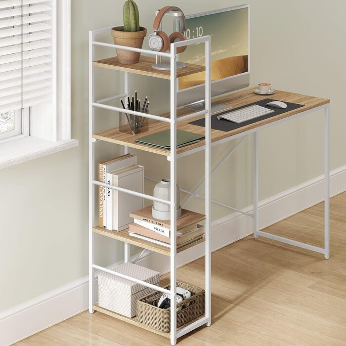 Сучасний письмовий стіл із полицею 120x44x120 см, дуб сонома/білий, 3 полиці, сталевий каркас, регульовані по висоті ніжки, комп&39ютерний стіл, домашній офіс, самостійне складання