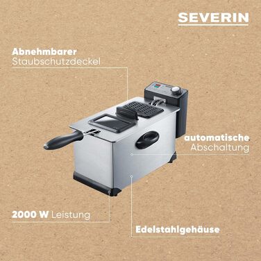 Фритюрниця SEVERIN, приблизно 400 г для смаження, знімний контейнер для жиру, пилозахисна кришка з оглядовим вікном, для приготування гарнірів і основних страв, 2000 Вт, 3 л, нержавіюча сталь/чорний, FR 2431