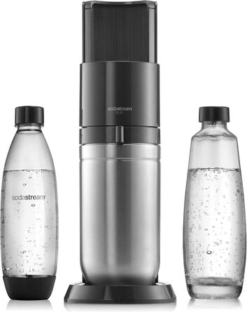 Машина для газованої води SodaStream Duo, з 1 літровою багаторазовою пластиковою пляшкою для води без BPA, скляним графином 1 л для карбонізації та газовим балоном CO2 об'ємом 60 літрів із швидким з'єднувачем, чорна чорна машина