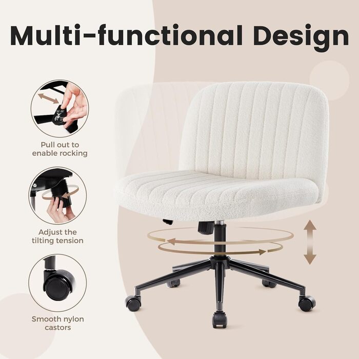 Офісне крісло IWMH без підлокітників, регульоване по висоті поворотне крісло з колесами, письмове крісло з оббивкою з тканини Teddy, крісло для читання з ширшою подушкою для сидіння зі схрещеними ногами (біле з колесами) Teddy White з колесами