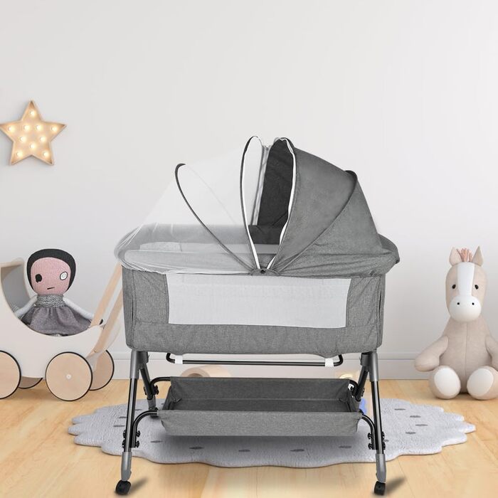Дитяче ліжечко Kedia, зі сплячим місцем на боці, дитяче ліжко з москітною сіткою, дорожнє ліжечко з колесами, 4 регулювання висоти, дитячі ліжечка-колиска, 104 * 52 * 103-115 см (сіре)