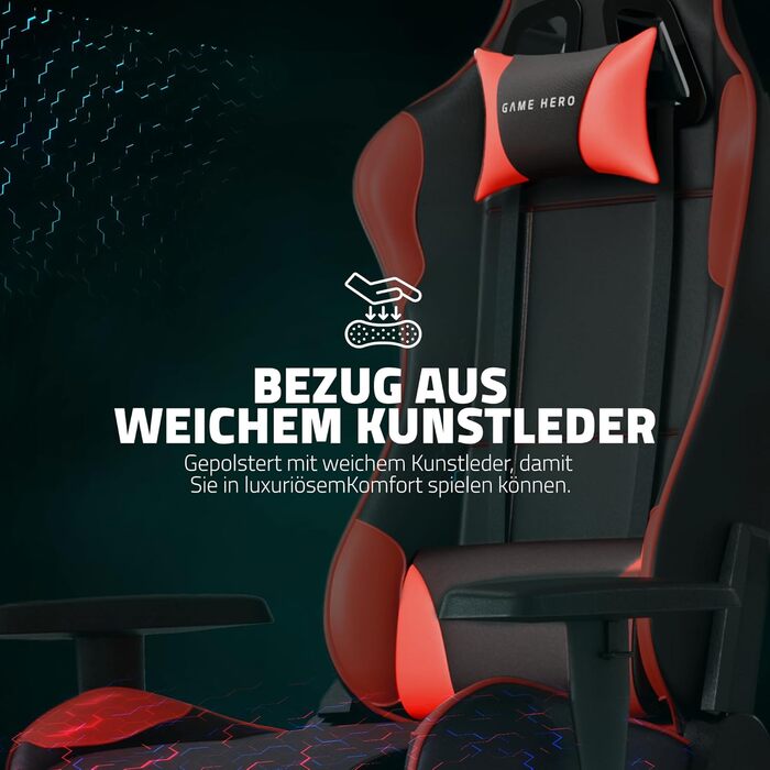 Ергономічне офісне крісло Game Hero - Ігрове крісло з подушкою для стегон та підголівником - Геймерське крісло з підставкою для ніг - Шкіряне крісло для роботи, Ігрове крісло до 125 кг - Winner X1 (червоне)