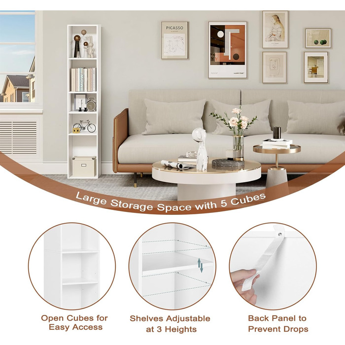 Книжкова полиця WOLTU, відкрита полиця з 5 кубиками, кубічна полиця, роздільник кімнати, полиця для документів, вузька полиця для зберігання, для вітальні, офісу, виготовлена з деревного матеріалу, біла, 30x1526 см, SK034ws 5 полиць (26Г x 30Ш x 151В см) 