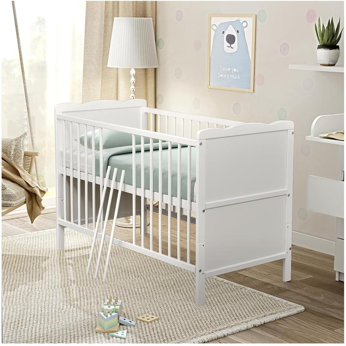 Дитяче ліжечко 70x140 см біле дитяче ліжко, що трансформується в юніорське ліжко з прорізувачами, масив сосни Джек