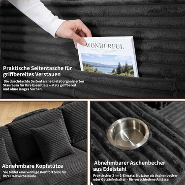 Кутовий диван з 3 подушками для шиї, диван Cloud Boneless з боковим відділенням та підсклянником, вельветовий L-подібний розкладний диван, глибоке сидіння, диван з правим шезлонгом, для вітальні, чорний Нековзка основа