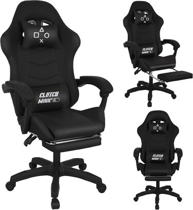 Ергономічне ігрове крісло FRANKYSTAR Clutch з поперековою подушкою, підголівником та підставкою для ніг з ПВХ, чорного кольору