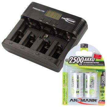 Зарядний пристрій ANSMANN для акумуляторів AA/AAA/C/D/9V NiMH - Зарядний пристрій з 5 програмами заряджання заряджання, розряджання, тестування, оновлення, швидке заряджання USB - Powerline 5 Pro 2 акумулятори Baby C ємністю 2500 мАг, включаючи 2 акумулят